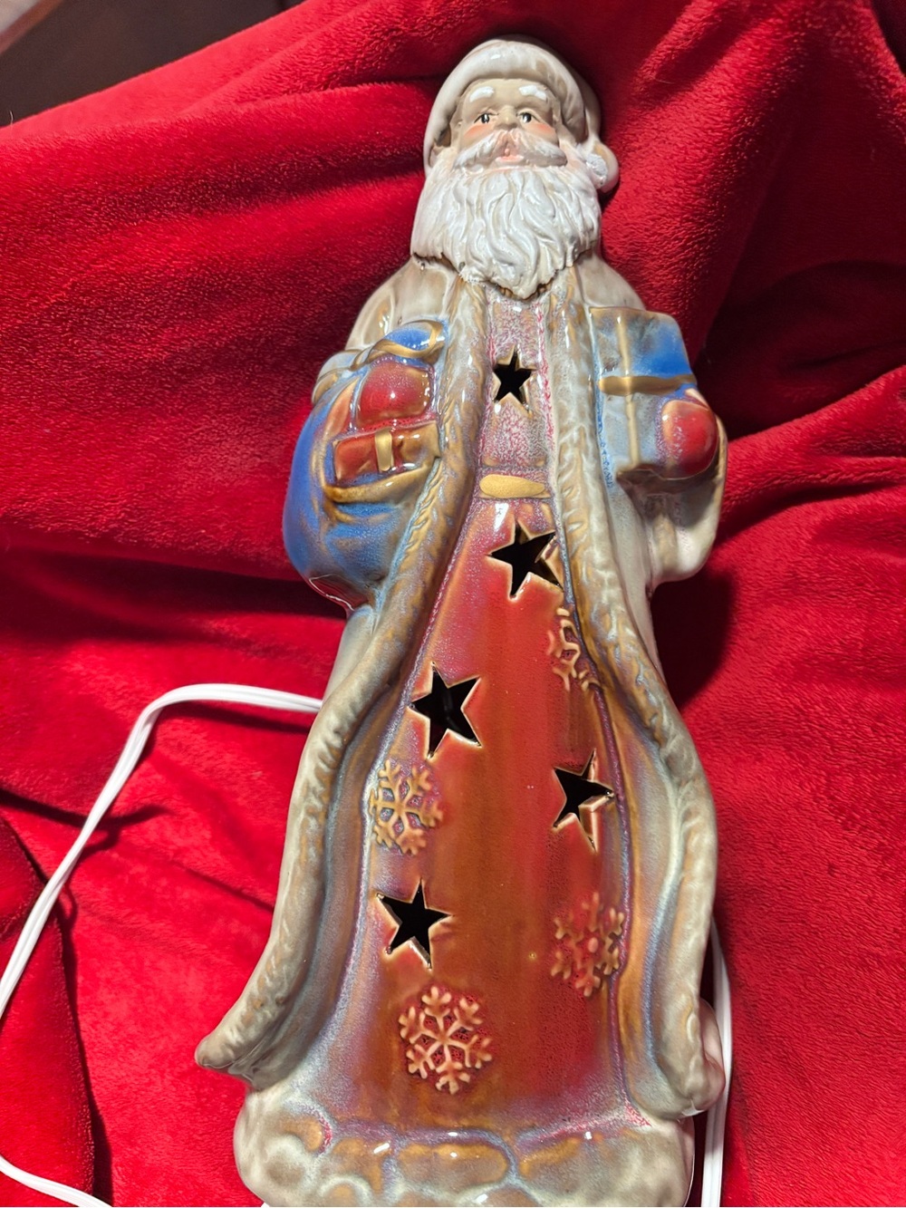 Ceramic Santa Night Light - Iridescent Red and Blue Holiday Figurine 12x4.5